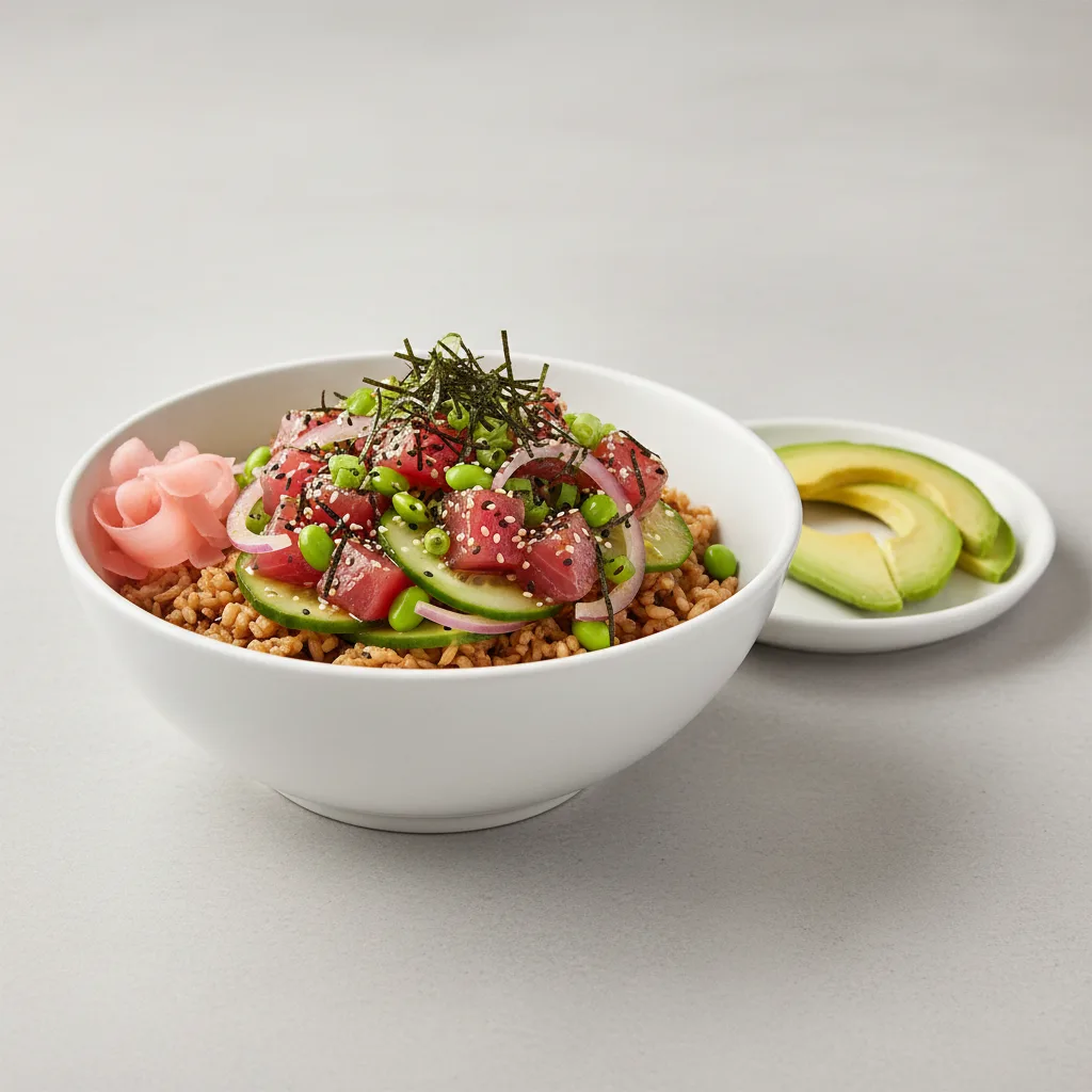 Gluten Free Umami Ahi Bowl Combo (Regular) — Brown Rice / Side of Avocado Gluten Free Umami Ahi Bowl Combo (Regular) — Brown Rice / Side of Avocado