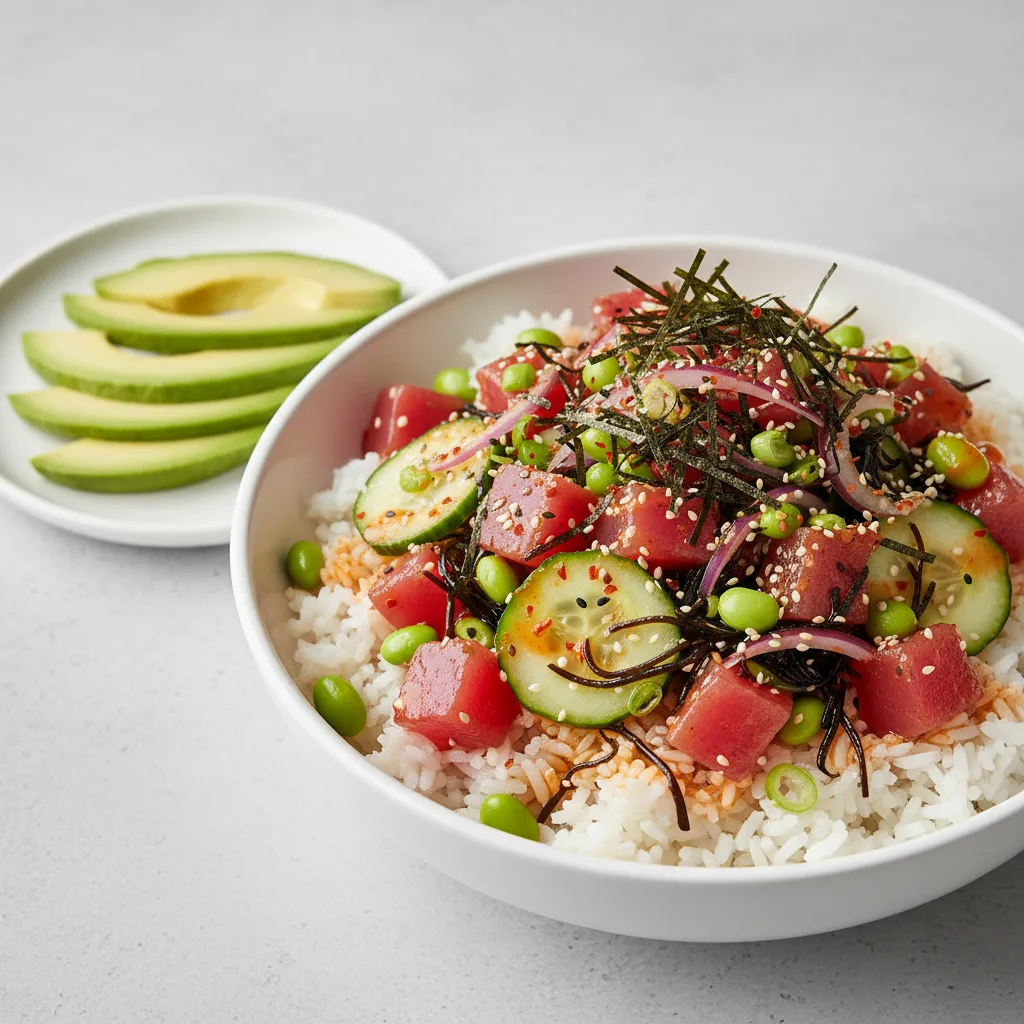 Gluten Free Hawaiian Ahi Bowl Combo (Regular) — White Rice / Side of Avocado Gluten Free Hawaiian Ahi Bowl Combo (Regular) — White Rice / Side of Avocado