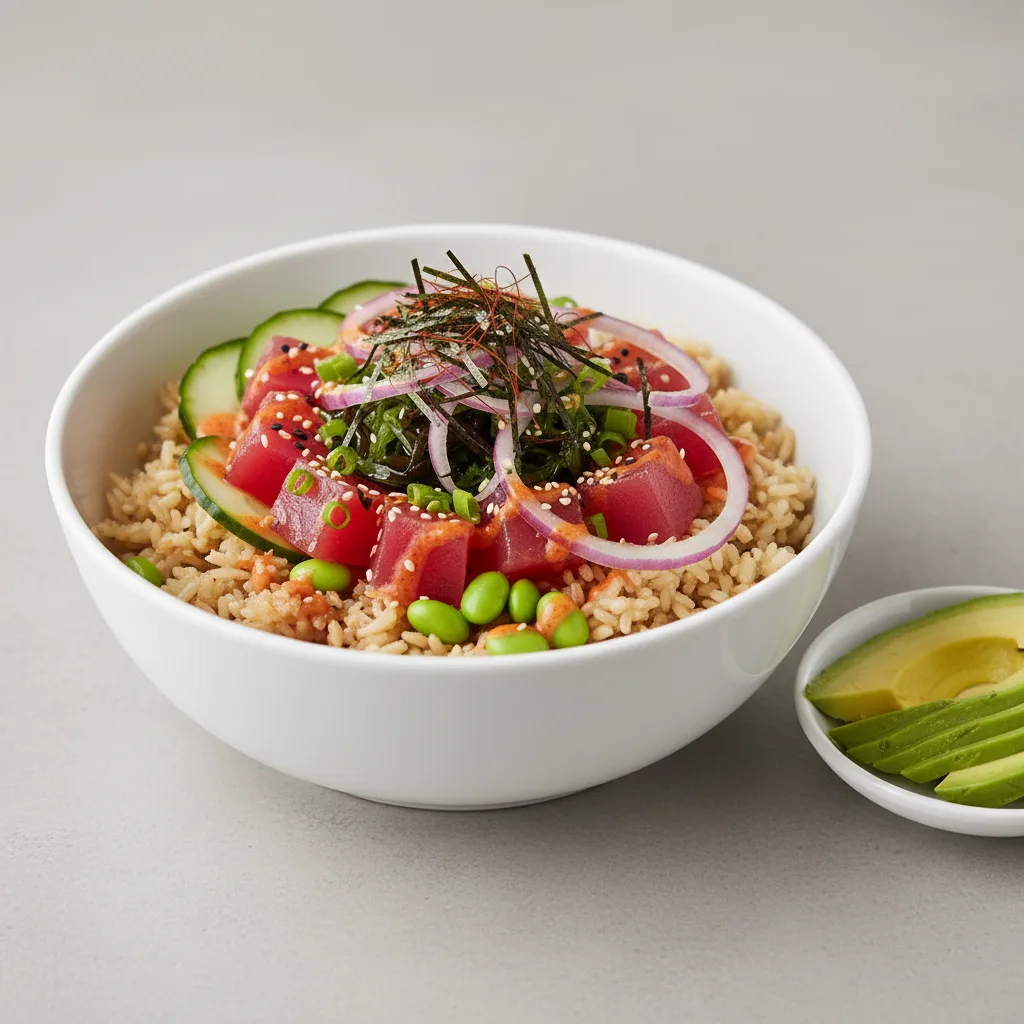 Gluten Free Hawaiian Ahi Bowl Combo (Regular) — Brown Rice / Side of Avocado Gluten Free Hawaiian Ahi Bowl Combo (Regular) — Brown Rice / Side of Avocado