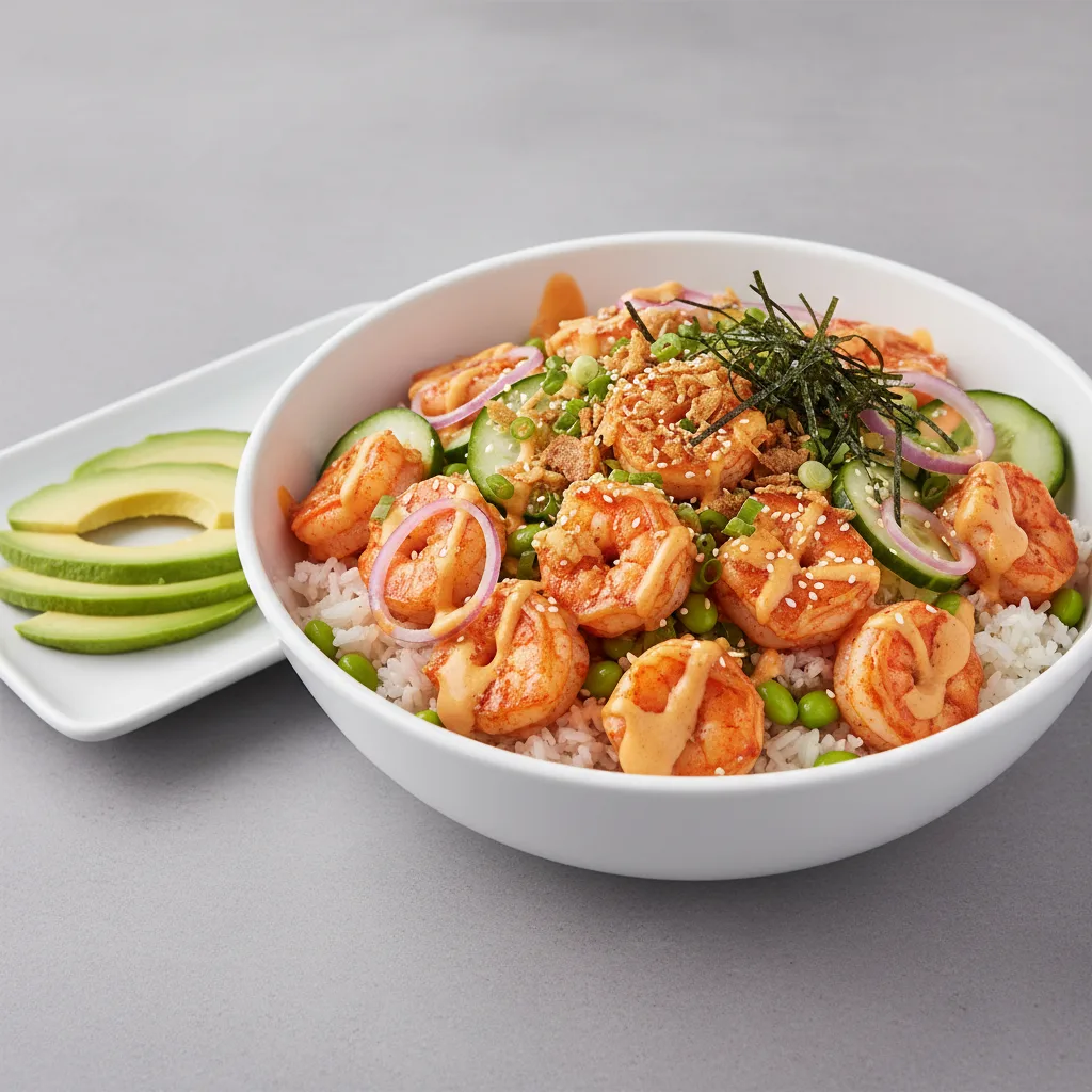 Gluten Free Spicy Shrimp Bowl Combo (Regular) — White Rice / Side of Avocado Gluten Free Spicy Shrimp Bowl Combo (Regular) — White Rice / Side of Avocado