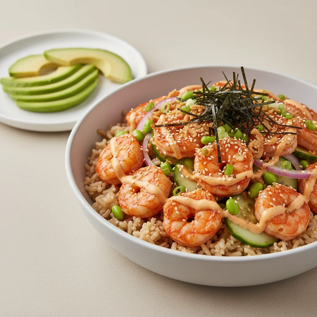 Gluten Free Spicy Shrimp Bowl Combo (Regular) — Brown Rice / Side of Avocado Gluten Free Spicy Shrimp Bowl Combo (Regular) — Brown Rice / Side of Avocado