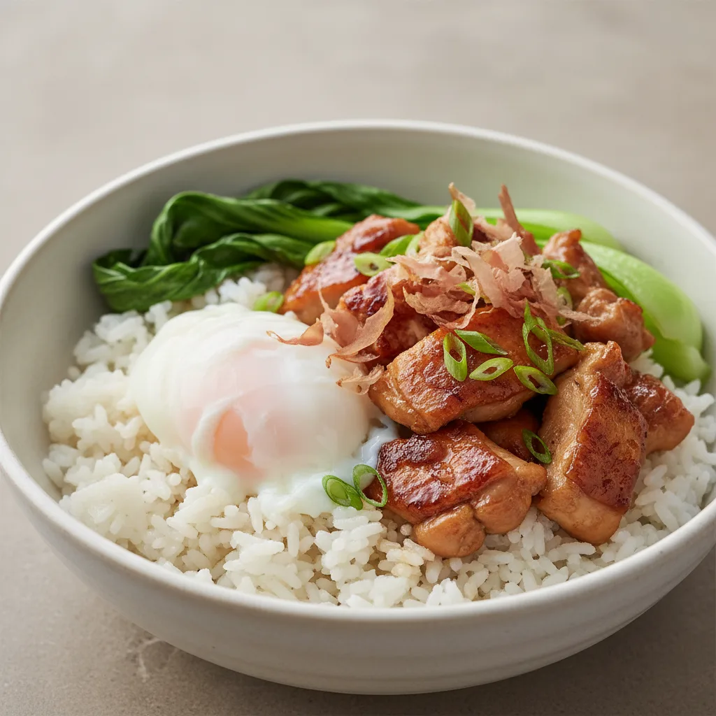 Shoyu Chicken Rice with Onsen Egg and Bok Choy Shoyu Chicken Rice with Onsen Egg and Bok Choy