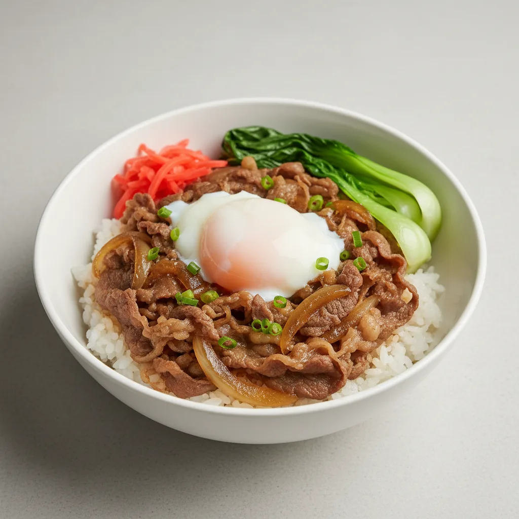 Gyu Beef Rice with Onsen Egg and Bok Choy Gyu Beef Rice with Onsen Egg and Bok Choy