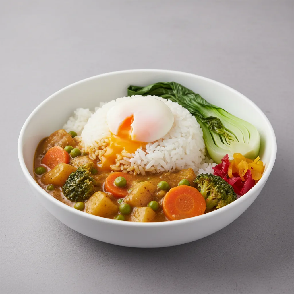Curry Veggie Rice with Onsen Egg and Bok Choy Curry Veggie Rice with Onsen Egg and Bok Choy