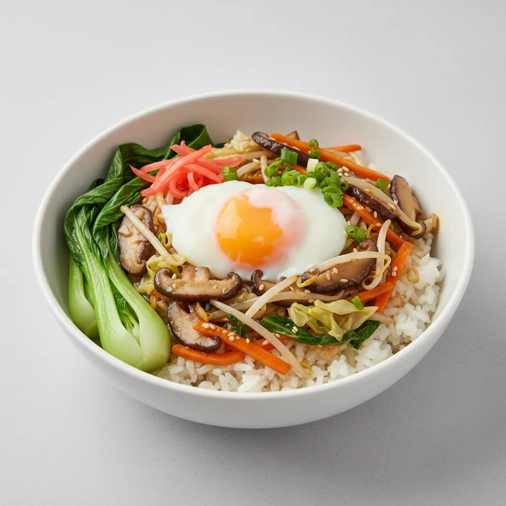 Shiitake Stir-fry Rice with Onsen Egg and Bok Choy Shiitake Stir-fry Rice with Onsen Egg and Bok Choy