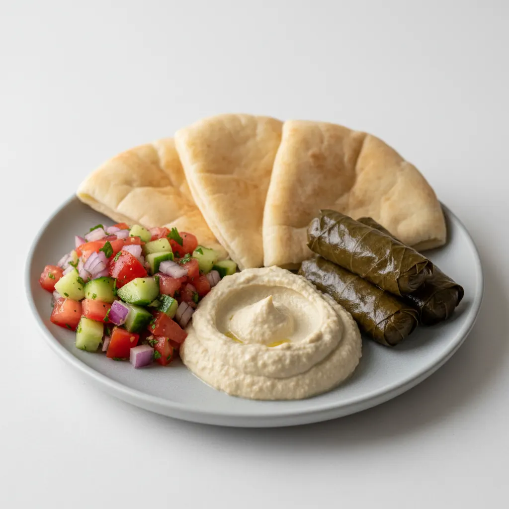 Vegan Baba Ganoush, Grape Leaves, Jerusalem Salad & Pita Vegan Baba Ganoush, Grape Leaves, Jerusalem Salad & Pita