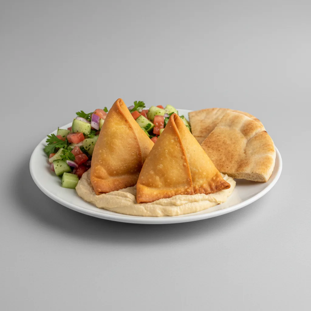 Vegetarian Jumbo Samosa, Hummus, Jerusalem Salad & Pita Vegetarian Jumbo Samosa, Hummus, Jerusalem Salad & Pita
