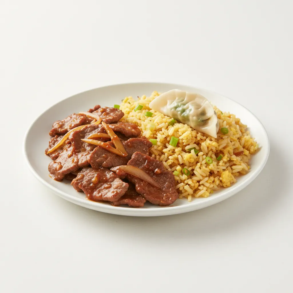 Coriander Beef Stir Fry With Fried Rice & Chicken & Bok Choy Dumpling Coriander Beef Stir Fry With Fried Rice & Chicken & Bok Choy Dumpling