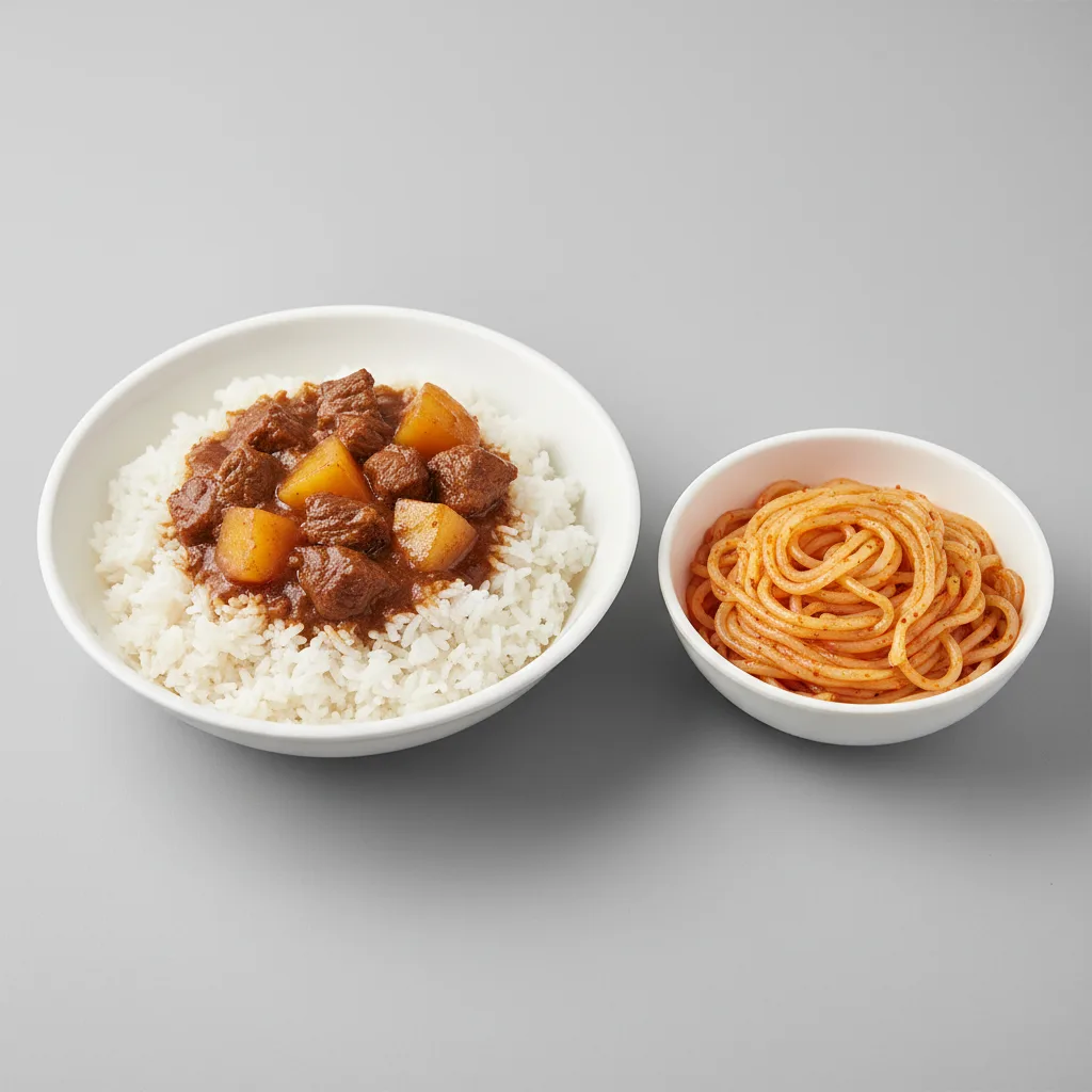 Beef & Potato Stew Rice With Spicy Yam Noodle Beef & Potato Stew Rice With Spicy Yam Noodle