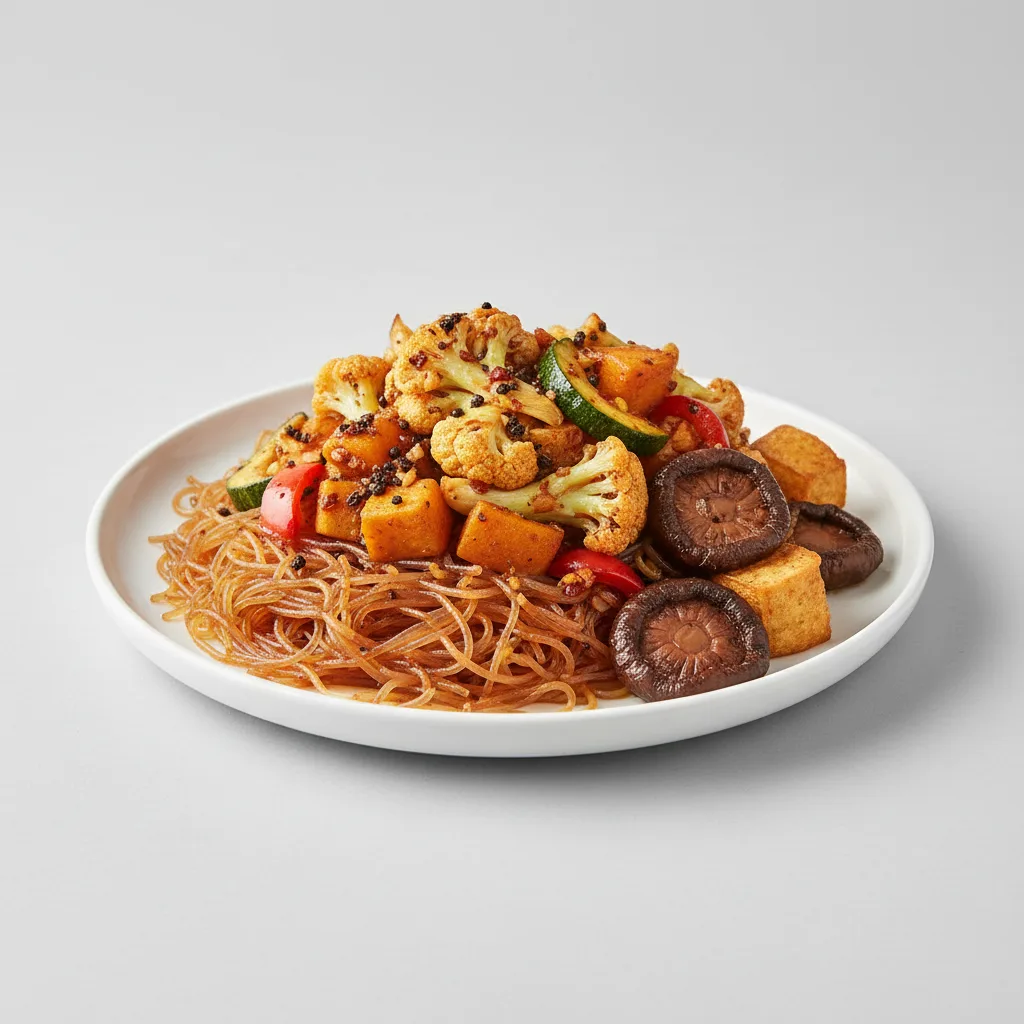 Sichuan Cauliflower Stir Fry With Vermicelli & Braised Mushroom & Tofu Puff Sichuan Cauliflower Stir Fry With Vermicelli & Braised Mushroom & Tofu Puff