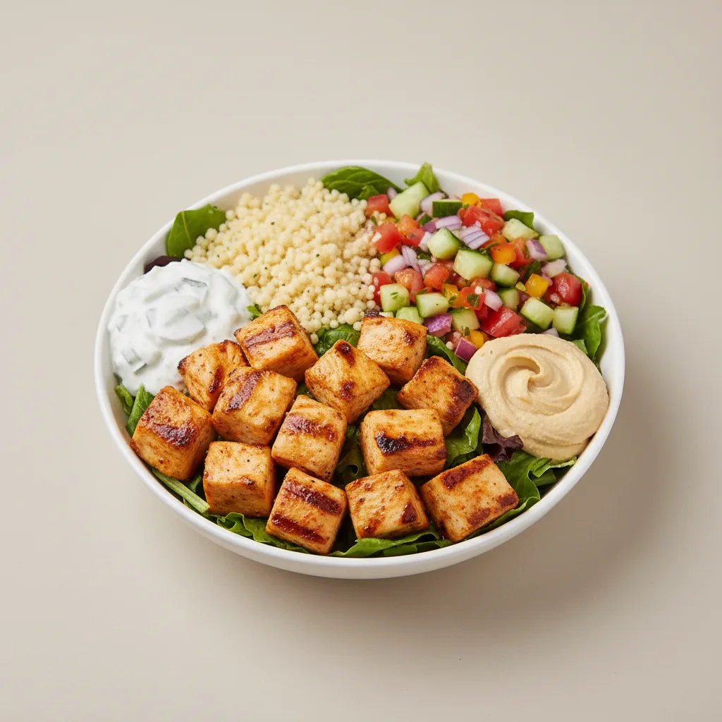 Chicken Souvlaki Salad Bowl With Israeli Couscous Chicken Souvlaki Salad Bowl With Israeli Couscous