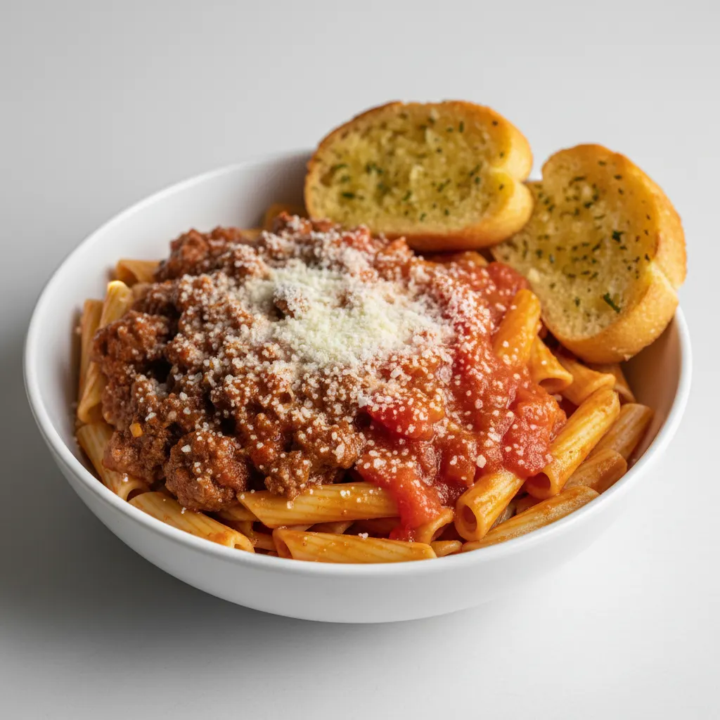 Ziti Pasta with Beef Bolognese, Vegetarian Marinara and Pecorino Romano Ziti Pasta with Beef Bolognese, Vegetarian Marinara and Pecorino Romano