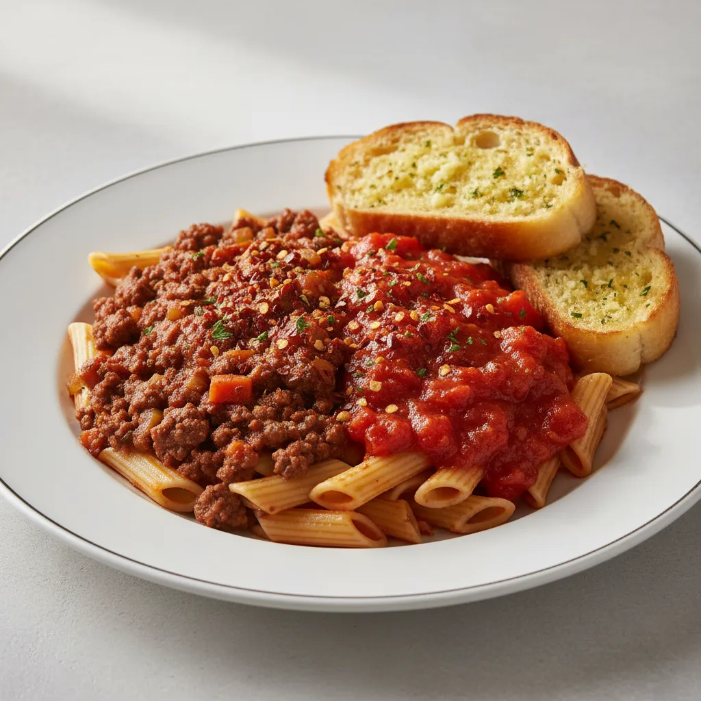 Ziti Pasta with Beef Bolognese, Vegetarian Marinara and Crushed Red Pepper Flakes Ziti Pasta with Beef Bolognese, Vegetarian Marinara and Crushed Red Pepper Flakes