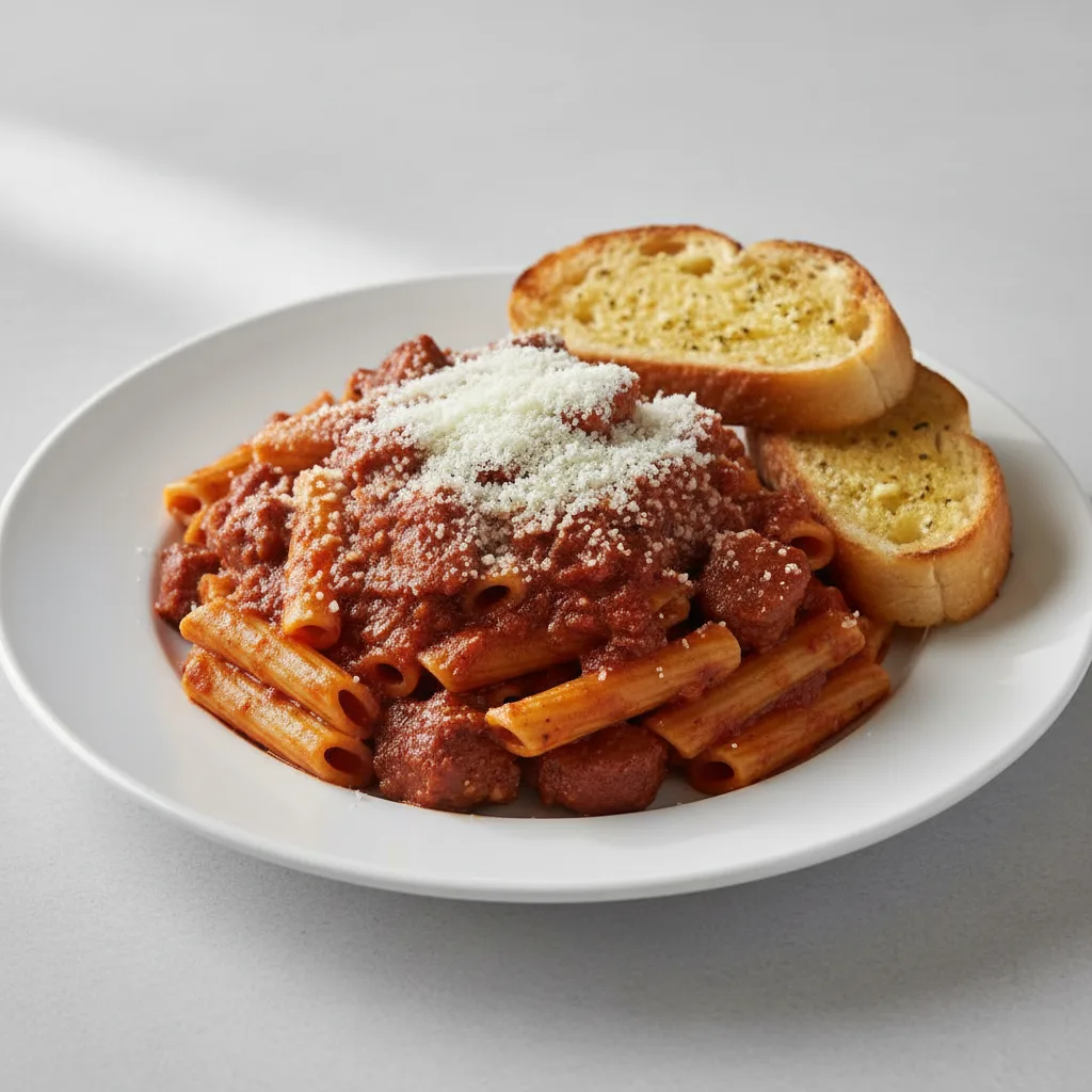 Ziti Pasta with Italian Sausage, Sunday Gravy and Pecorino Romano Ziti Pasta with Italian Sausage, Sunday Gravy and Pecorino Romano