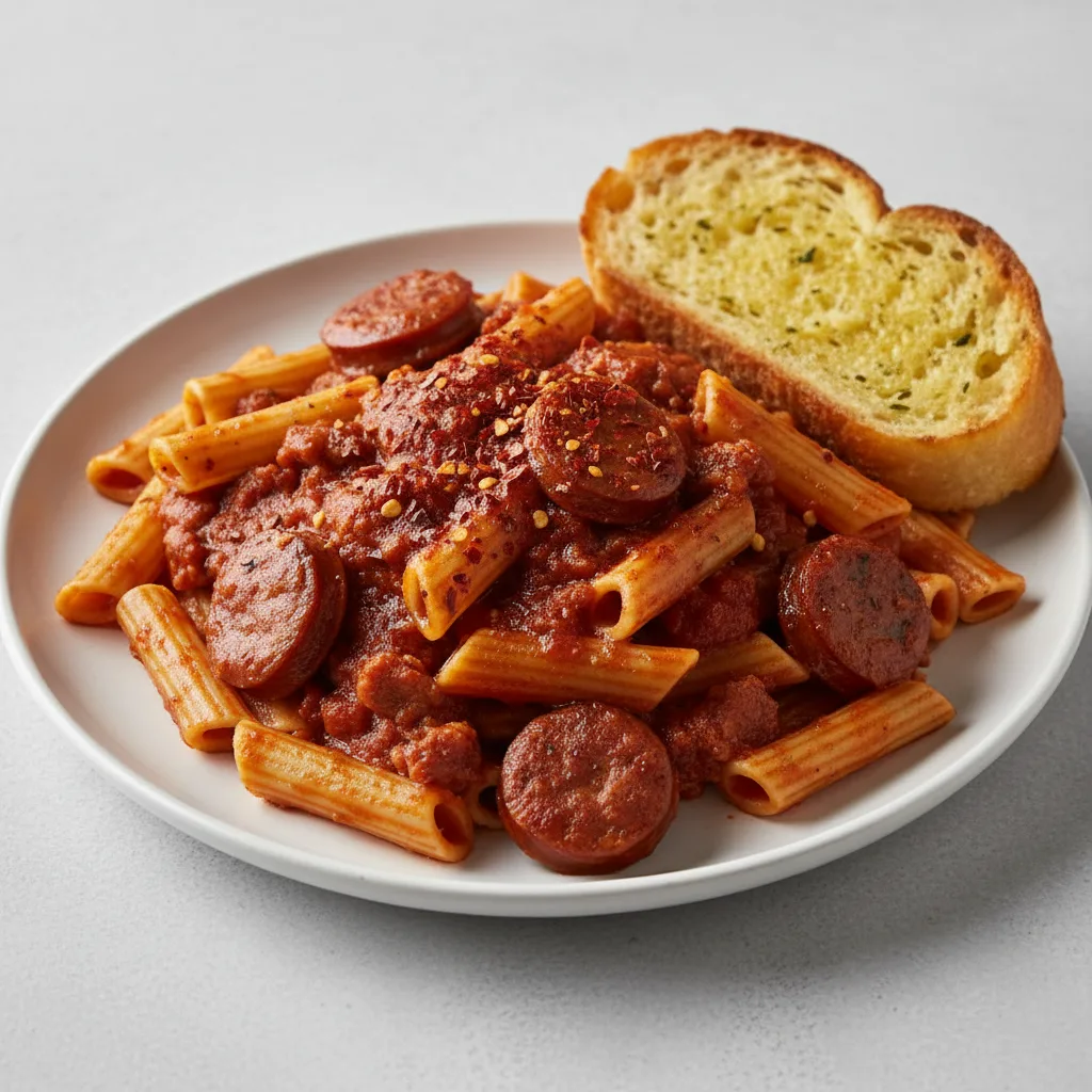 Ziti Pasta with Italian Sausage, Sunday Gravy and Crushed Red Pepper Flakes Ziti Pasta with Italian Sausage, Sunday Gravy and Crushed Red Pepper Flakes