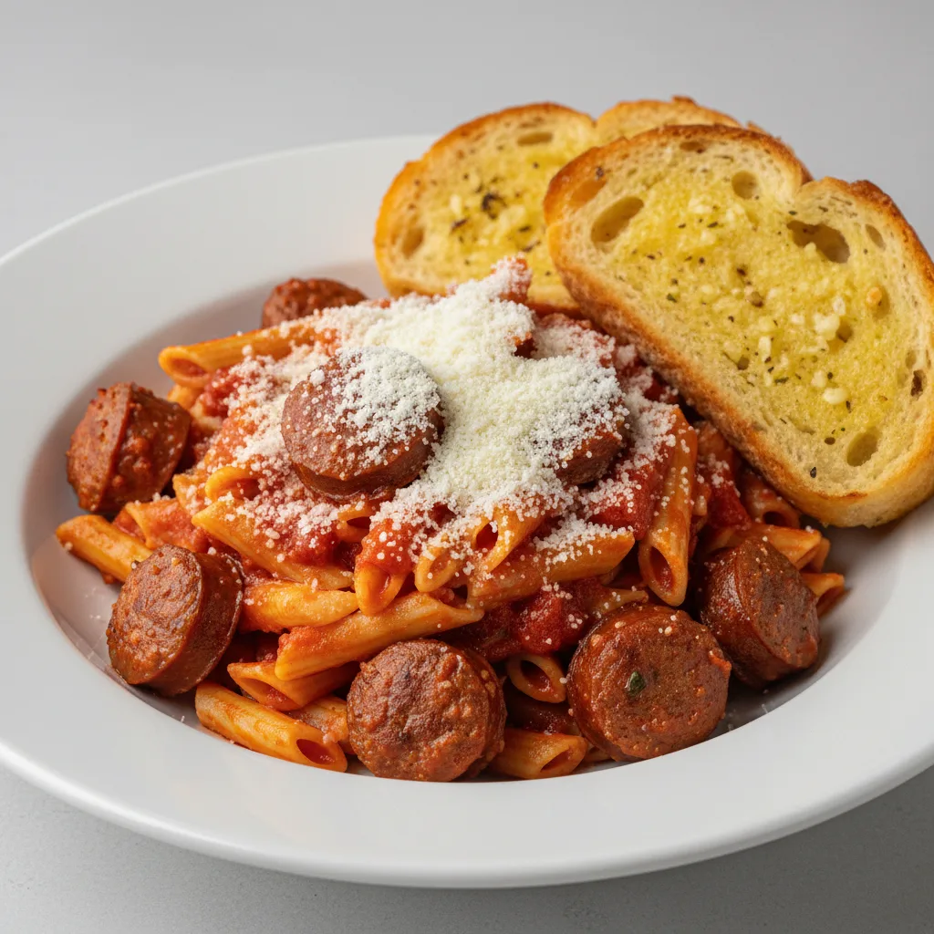 Ziti Pasta with Italian Sausage, Vegetarian Marinara and Pecorino Romano Ziti Pasta with Italian Sausage, Vegetarian Marinara and Pecorino Romano