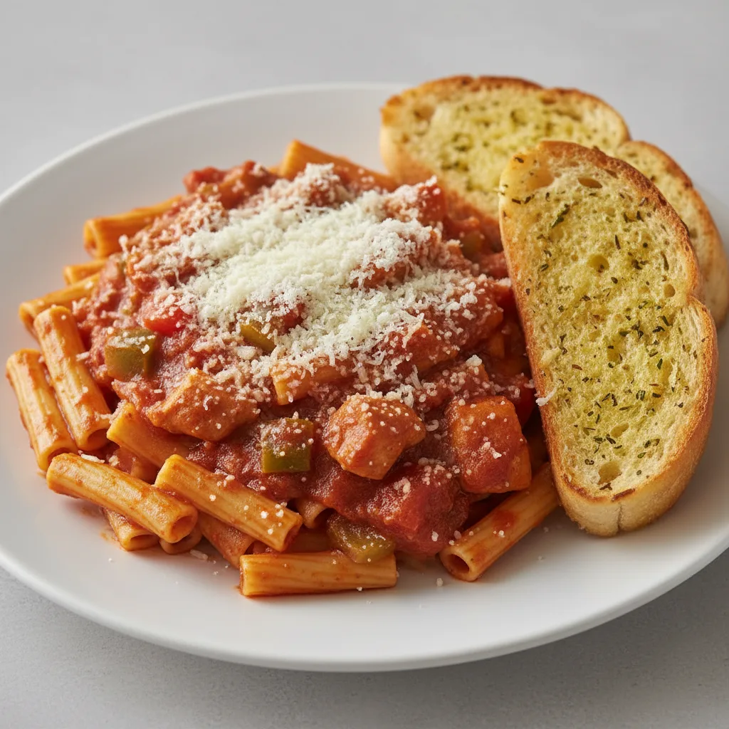Ziti Pasta with Chicken Cacciatore, Vegetarian Marinara and Pecorino Romano Ziti Pasta with Chicken Cacciatore, Vegetarian Marinara and Pecorino Romano