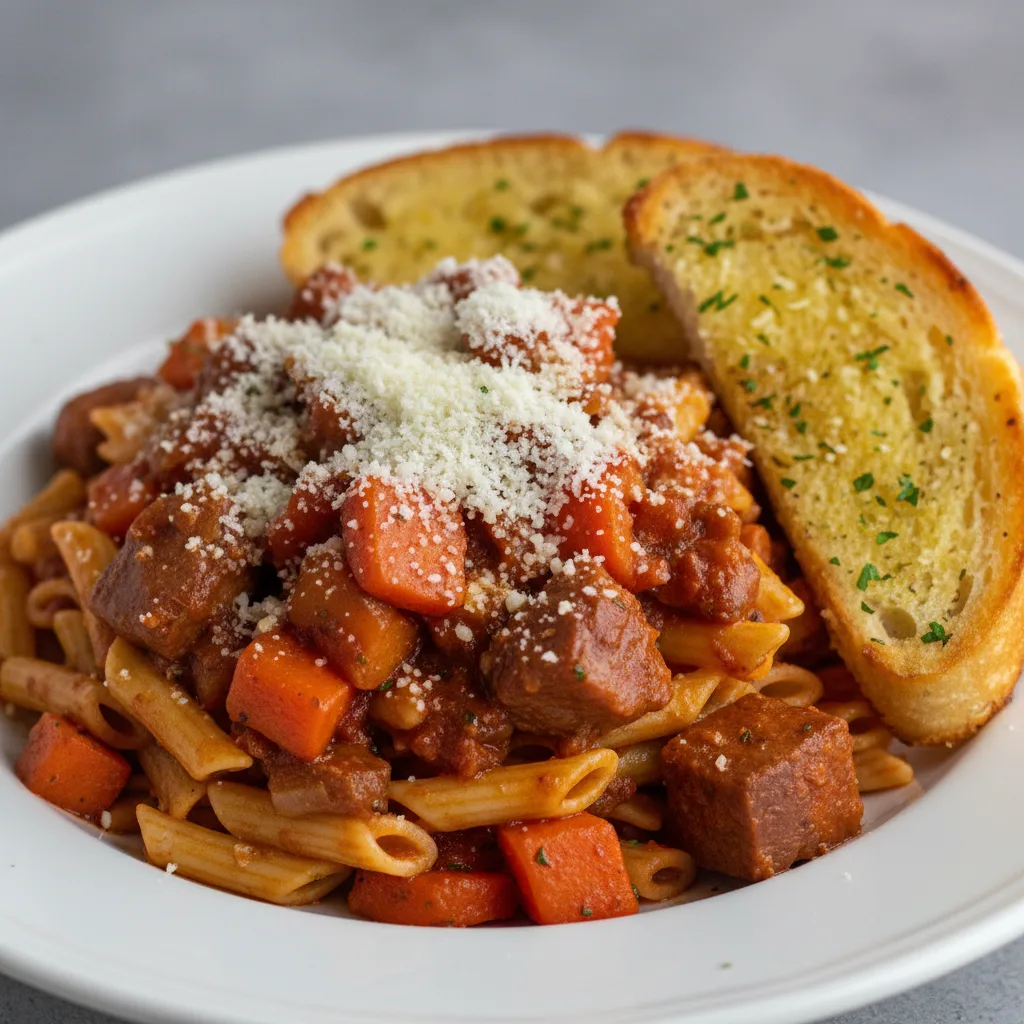 Ziti Pasta with Roasted Vegetables, Sunday Gravy and Pecorino Romano Ziti Pasta with Roasted Vegetables, Sunday Gravy and Pecorino Romano