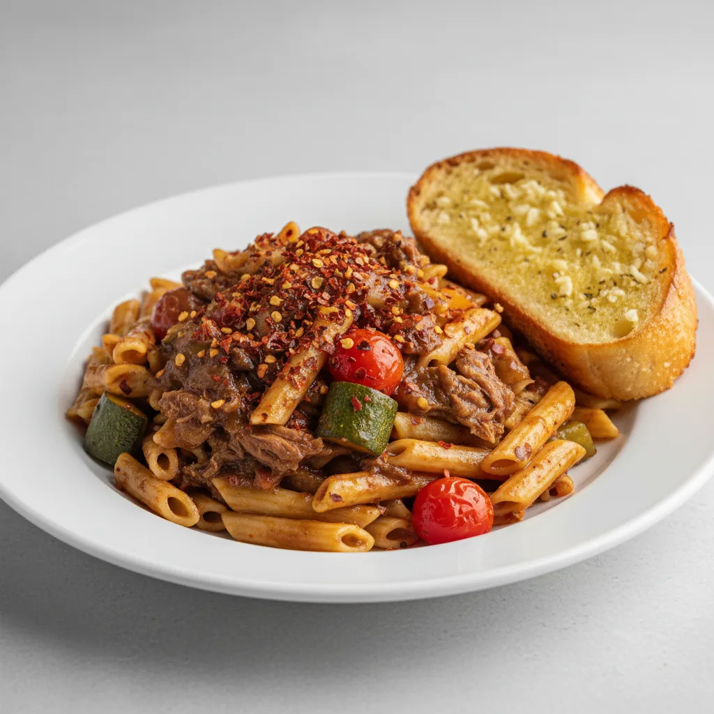 Ziti Pasta with Roasted Vegetables, Sunday Gravy and Crushed Red Pepper Flakes Ziti Pasta with Roasted Vegetables, Sunday Gravy and Crushed Red Pepper Flakes