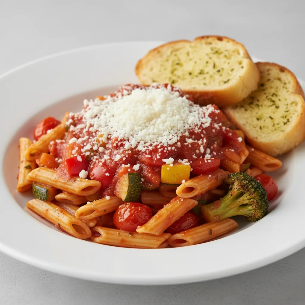 Ziti Pasta with Roasted Vegetables, Vegetarian Marinara and Pecorino Romano Ziti Pasta with Roasted Vegetables, Vegetarian Marinara and Pecorino Romano