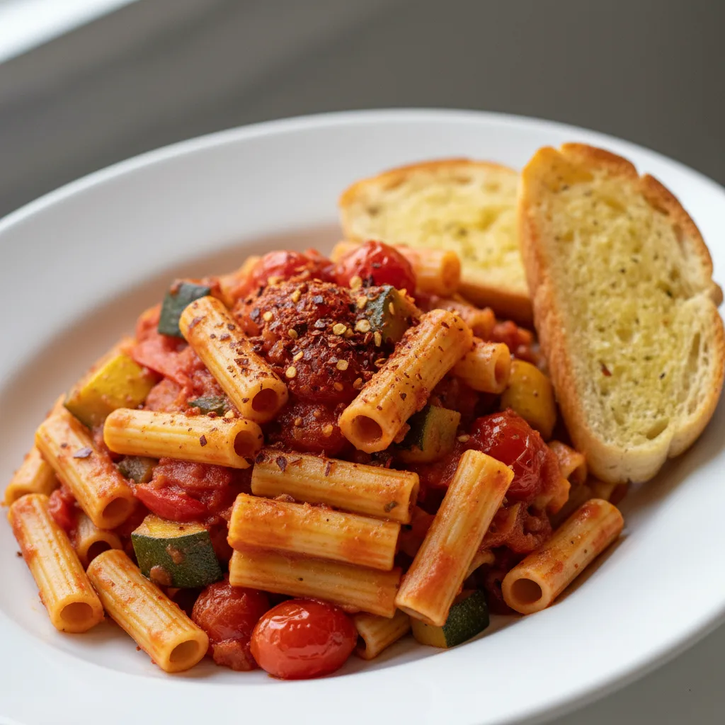 Ziti Pasta with Roasted Vegetables, Vegetarian Marinara and Crushed Red Pepper Flakes Ziti Pasta with Roasted Vegetables, Vegetarian Marinara and Crushed Red Pepper Flakes