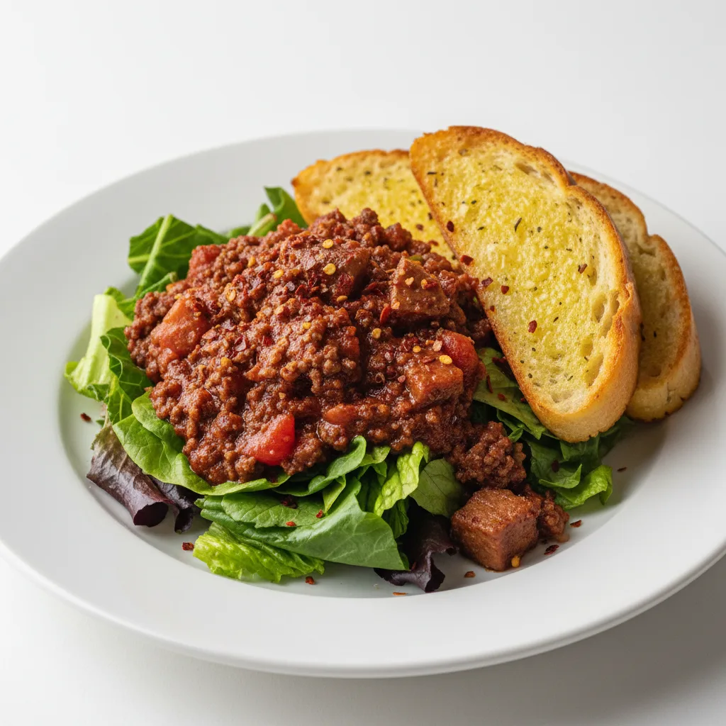 Lettuce Mix with Beef Bolognese, Sunday Gravy and Crushed Red Pepper Flakes Lettuce Mix with Beef Bolognese, Sunday Gravy and Crushed Red Pepper Flakes