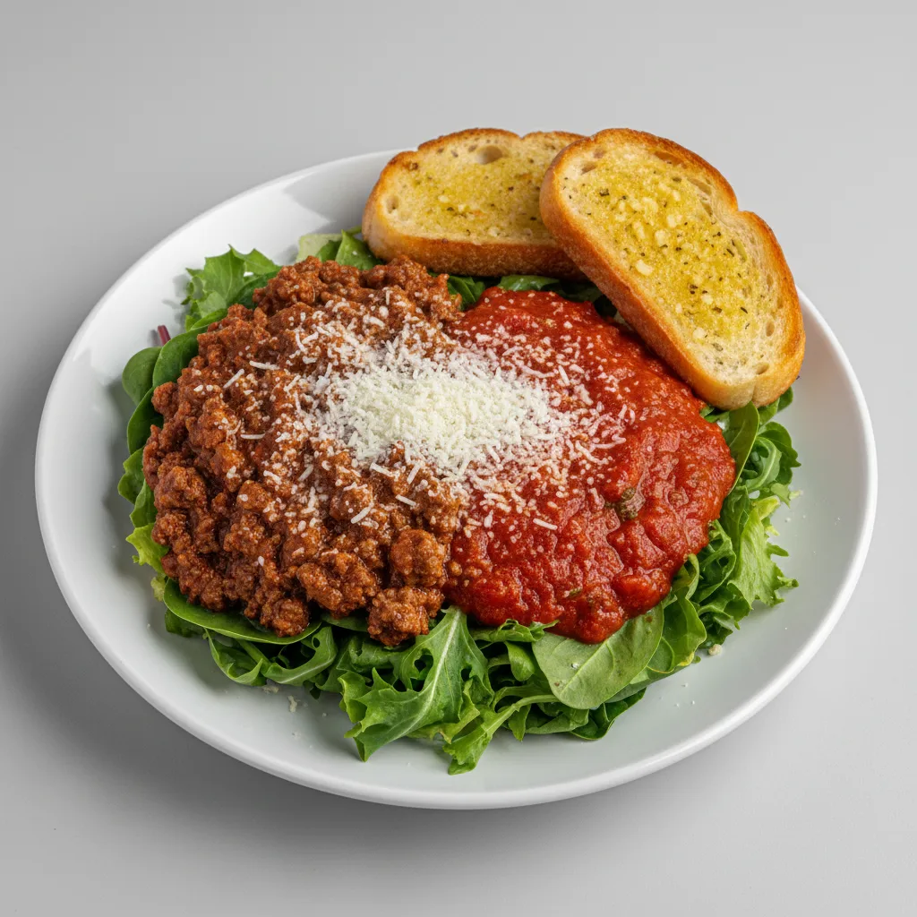 Lettuce Mix with Beef Bolognese, Vegetarian Marinara and Pecorino Romano Lettuce Mix with Beef Bolognese, Vegetarian Marinara and Pecorino Romano