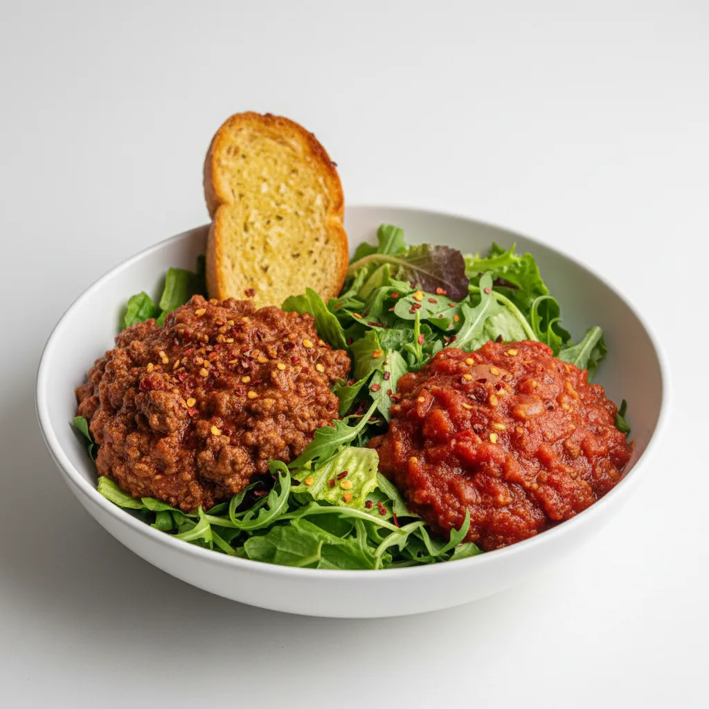 Lettuce Mix with Beef Bolognese, Vegetarian Marinara and Crushed Red Pepper Flakes Lettuce Mix with Beef Bolognese, Vegetarian Marinara and Crushed Red Pepper Flakes