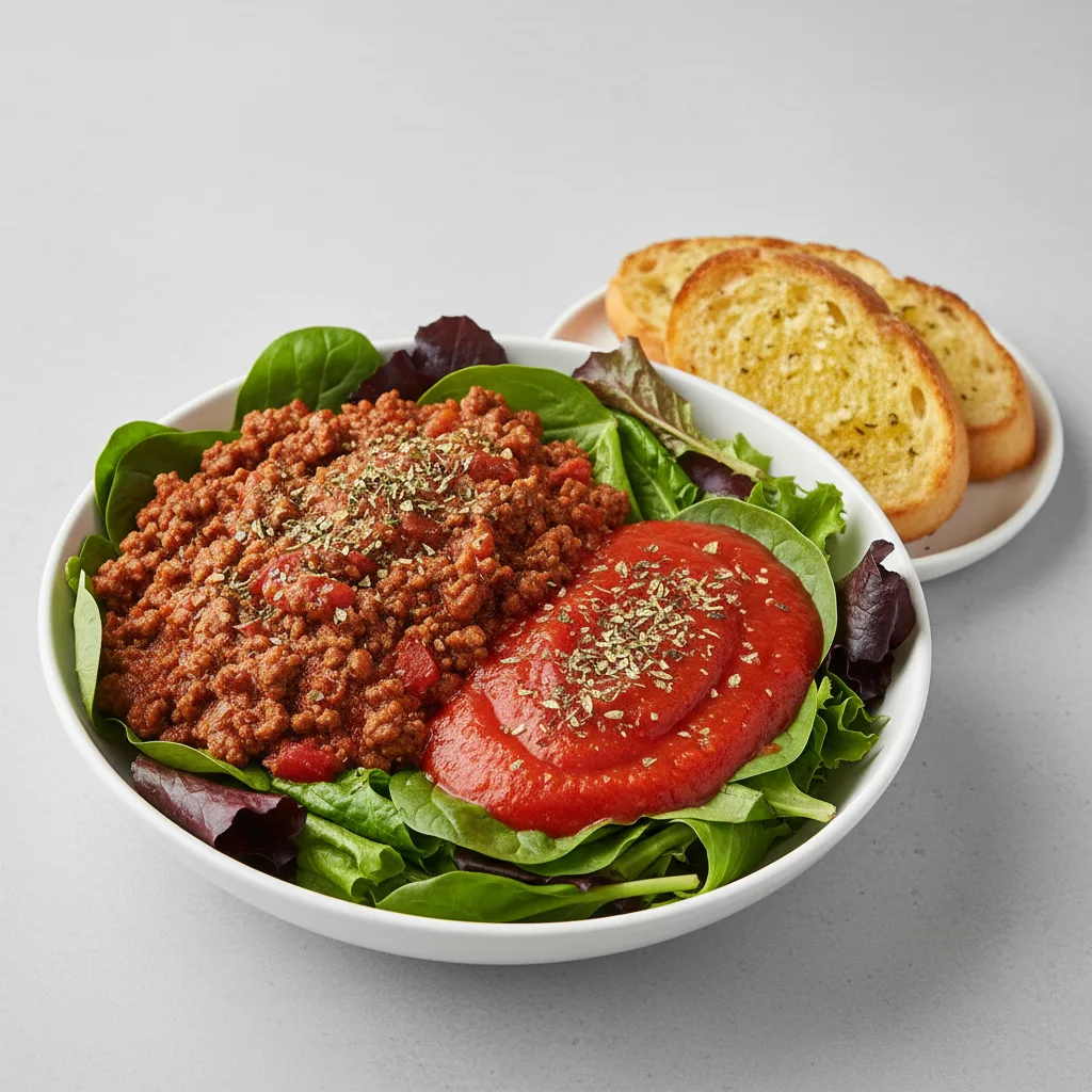 Lettuce Mix with Beef Bolognese, Vegetarian Marinara and Italian Herbs Lettuce Mix with Beef Bolognese, Vegetarian Marinara and Italian Herbs
