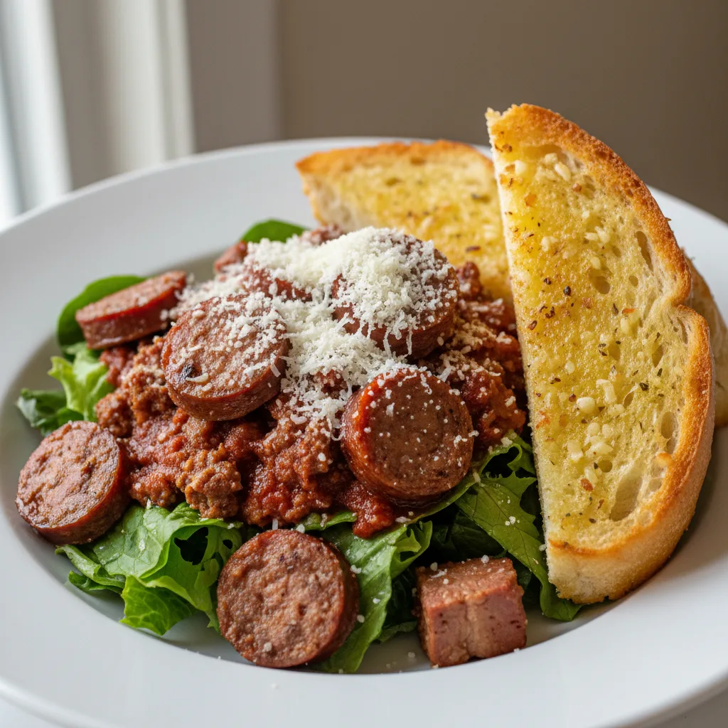 Lettuce Mix with Italian Sausage, Sunday Gravy and Pecorino Romano Lettuce Mix with Italian Sausage, Sunday Gravy and Pecorino Romano