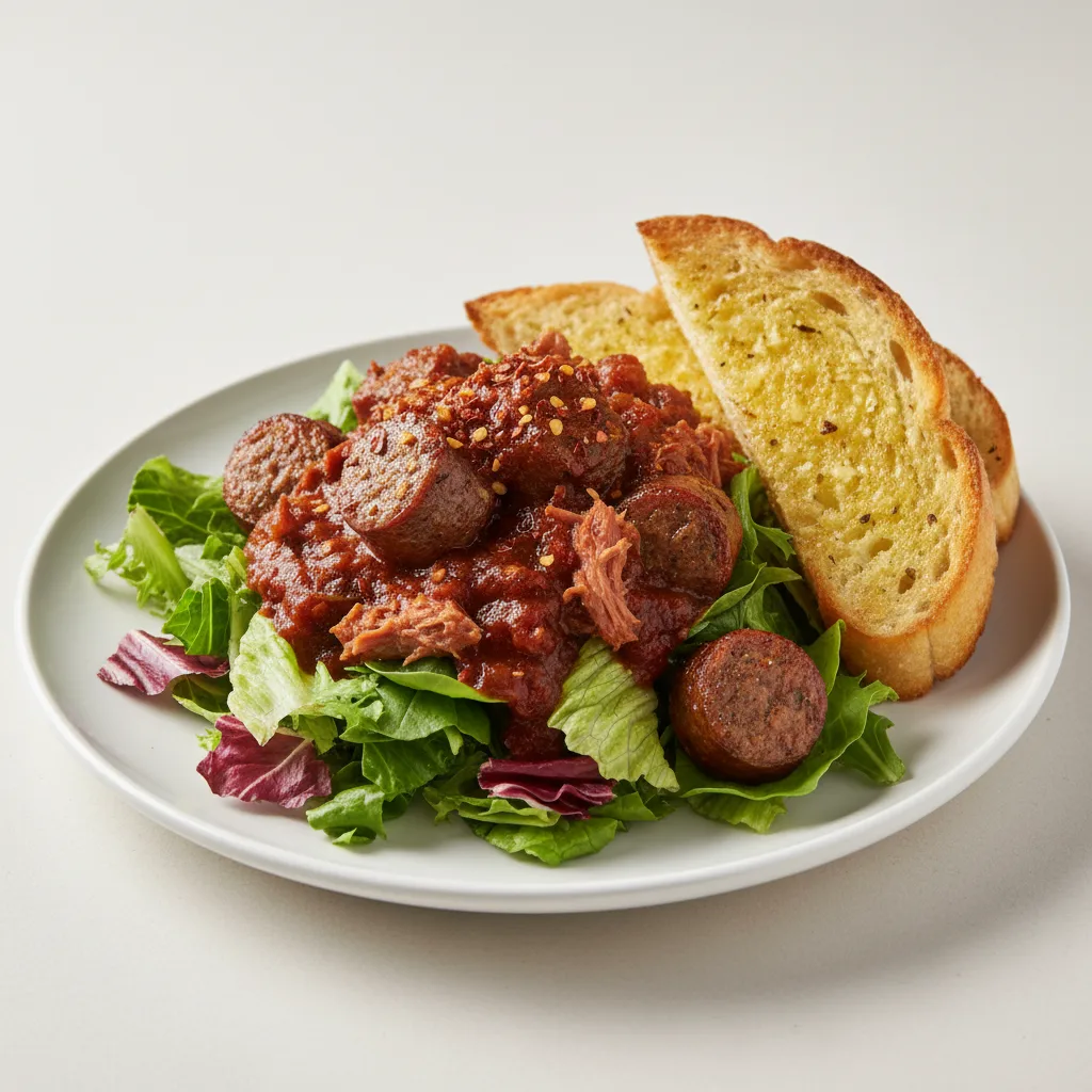 Lettuce Mix with Italian Sausage, Sunday Gravy and Crushed Red Pepper Flakes Lettuce Mix with Italian Sausage, Sunday Gravy and Crushed Red Pepper Flakes