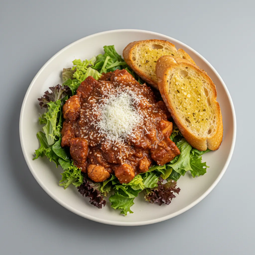 Lettuce Mix with Chicken Cacciatore, Sunday Gravy and Pecorino Romano Lettuce Mix with Chicken Cacciatore, Sunday Gravy and Pecorino Romano
