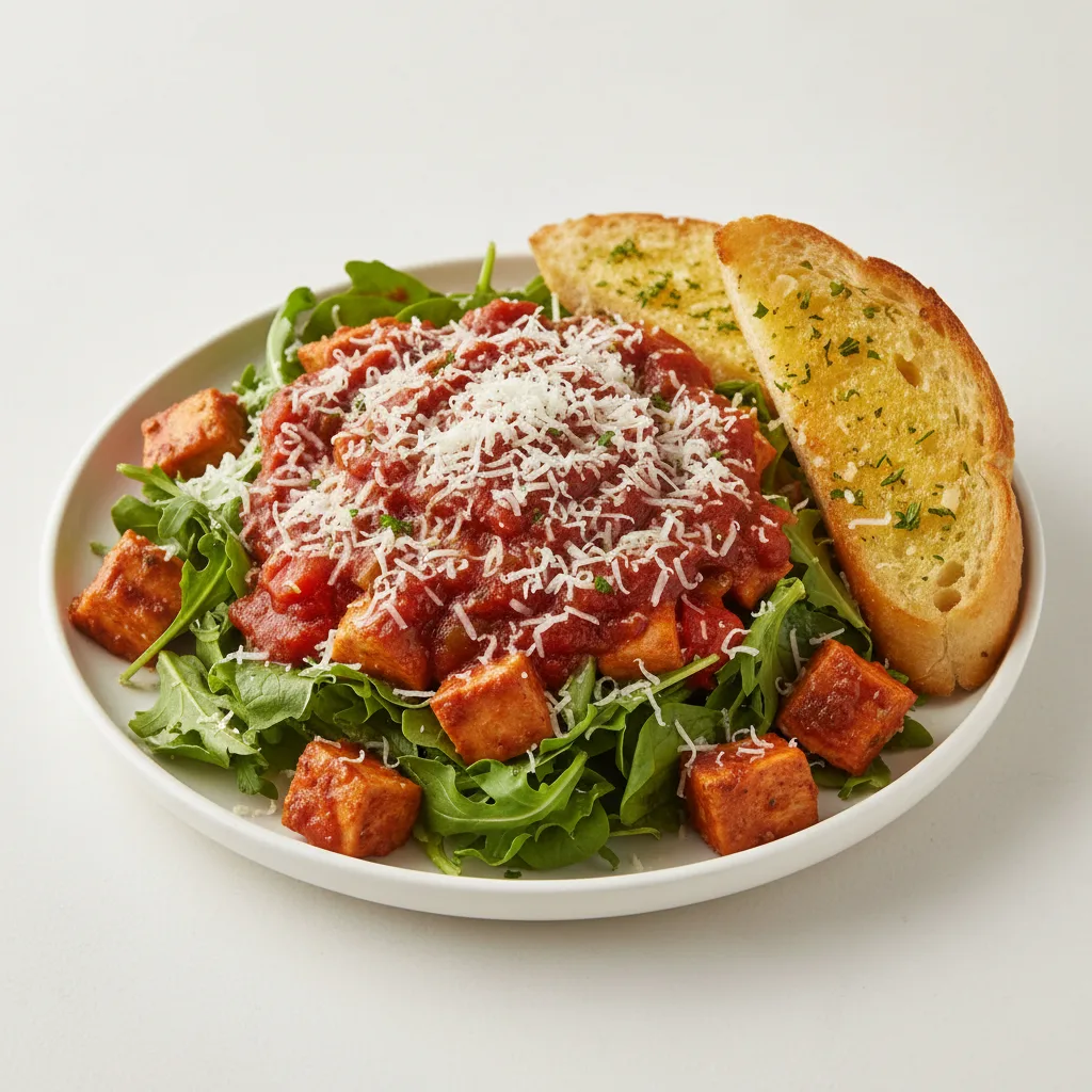 Lettuce Mix with Chicken Cacciatore, Vegetarian Marinara and Pecorino Romano Lettuce Mix with Chicken Cacciatore, Vegetarian Marinara and Pecorino Romano