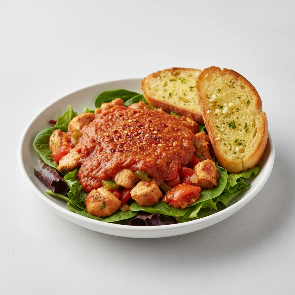 Lettuce Mix with Chicken Cacciatore, Vegetarian Marinara and Crushed Red Pepper Flakes Lettuce Mix with Chicken Cacciatore, Vegetarian Marinara and Crushed Red Pepper Flakes