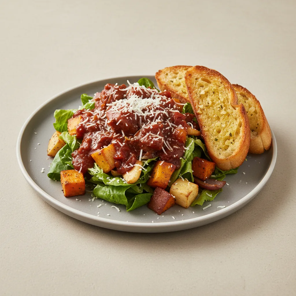 Lettuce Mix with Roasted Vegetables, Sunday Gravy and Pecorino Romano Lettuce Mix with Roasted Vegetables, Sunday Gravy and Pecorino Romano