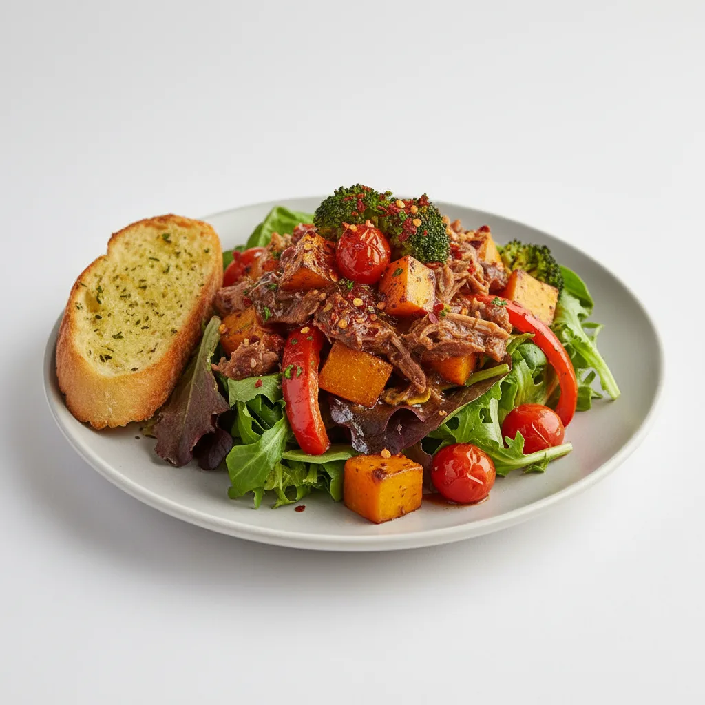Lettuce Mix with Roasted Vegetables, Sunday Gravy and Crushed Red Pepper Flakes Lettuce Mix with Roasted Vegetables, Sunday Gravy and Crushed Red Pepper Flakes