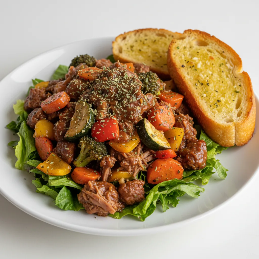 Lettuce Mix with Roasted Vegetables, Sunday Gravy and Italian Herbs Lettuce Mix with Roasted Vegetables, Sunday Gravy and Italian Herbs