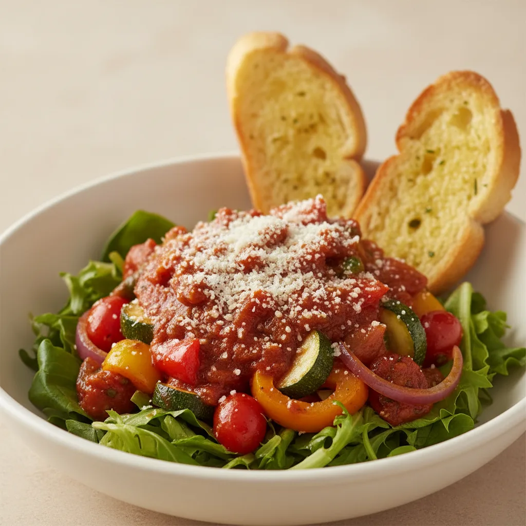 Lettuce Mix with Roasted Vegetables, Vegetarian Marinara and Pecorino Romano Lettuce Mix with Roasted Vegetables, Vegetarian Marinara and Pecorino Romano