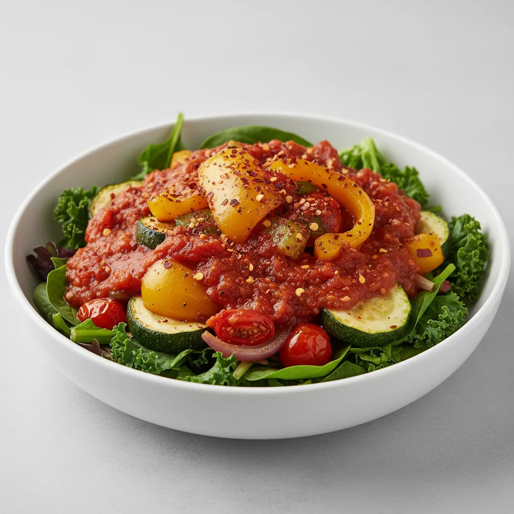 Lettuce Mix with Roasted Vegetables, Vegetarian Marinara and Crushed Red Pepper Flakes Lettuce Mix with Roasted Vegetables, Vegetarian Marinara and Crushed Red Pepper Flakes