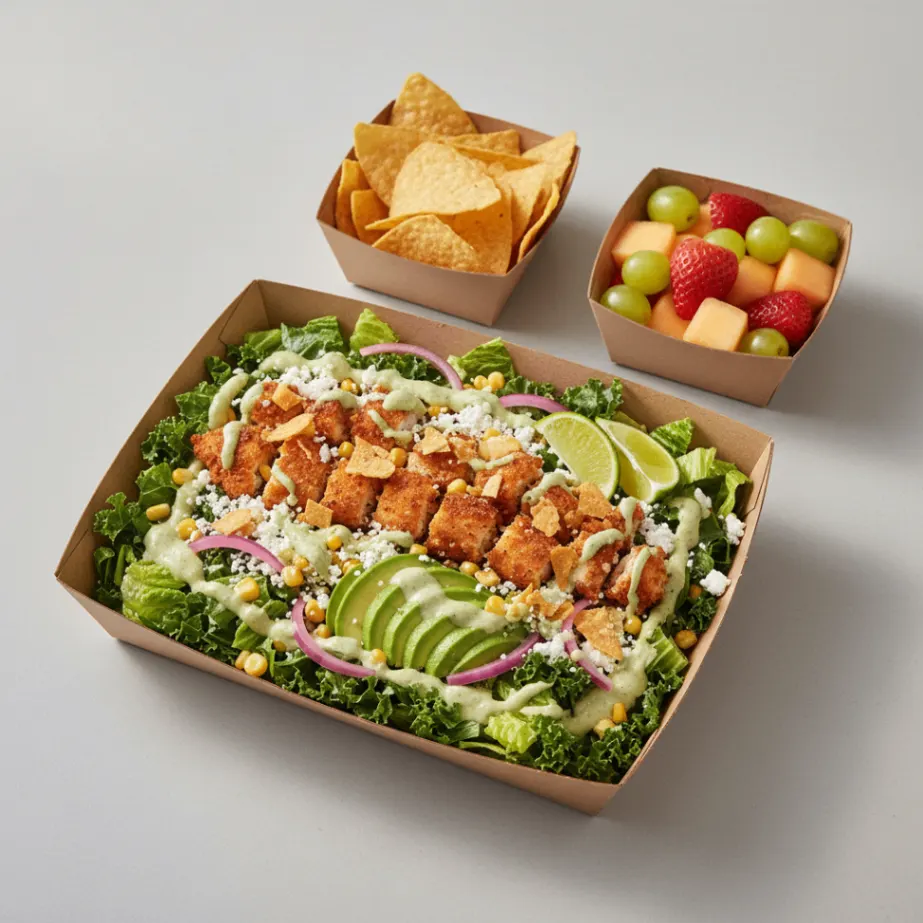 Crispy Chicken Poblano Salad with Chips and Fruit