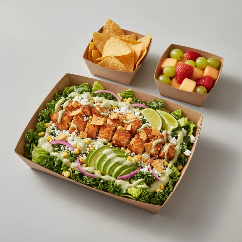 Crispy Chicken Poblano Salad with Chips and Fruit