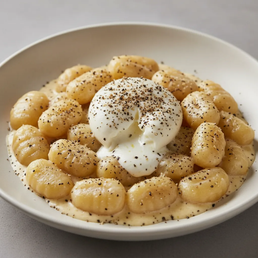 Gluten-free Gnocchi Black Truffle Cacio E Pepe With Burrata Cheese Gluten-free Gnocchi Black Truffle Cacio E Pepe With Burrata Cheese