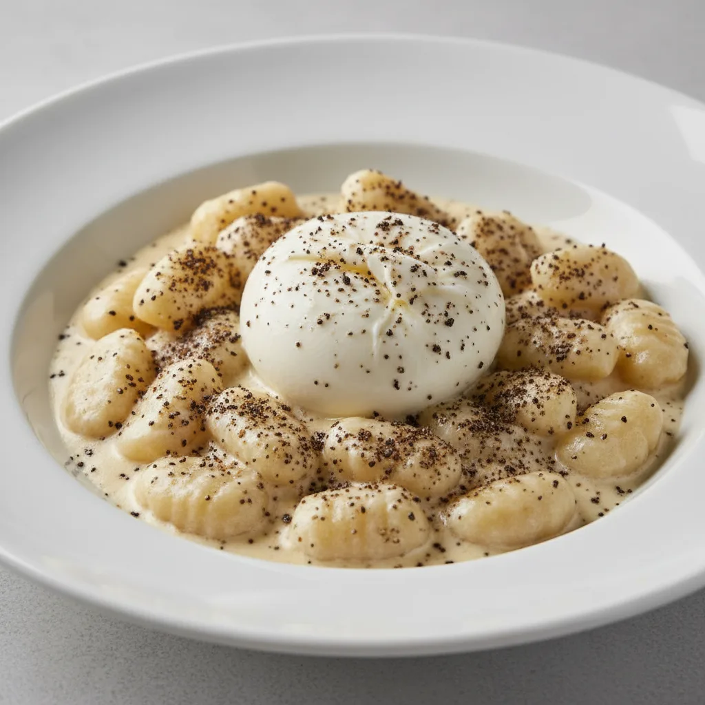 Gnocchi Black Truffle Cacio E Pepe With Burrata Cheese Gnocchi Black Truffle Cacio E Pepe With Burrata Cheese