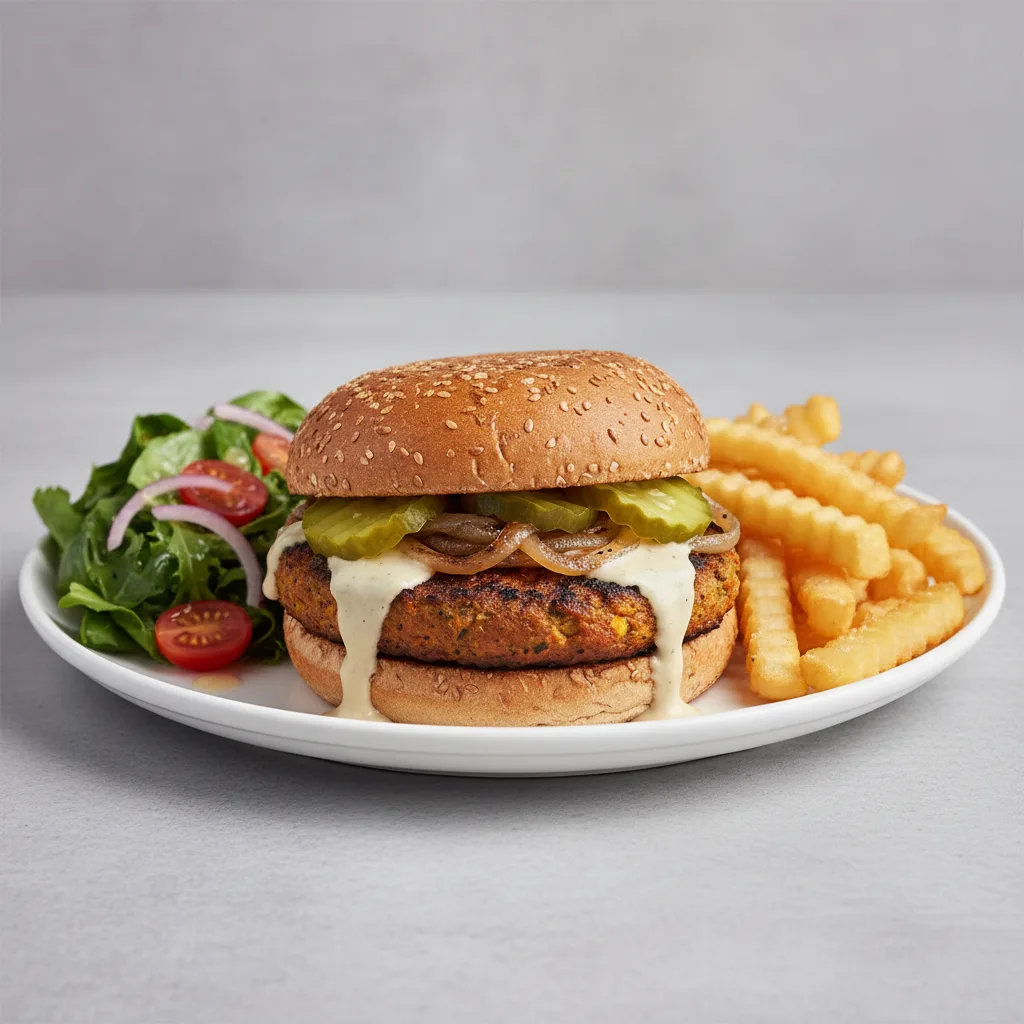 Vegan Spin Combo - Classic Spin Burger with Veggie Patty (no cheese, tahini sauce), Fries, Side Salad