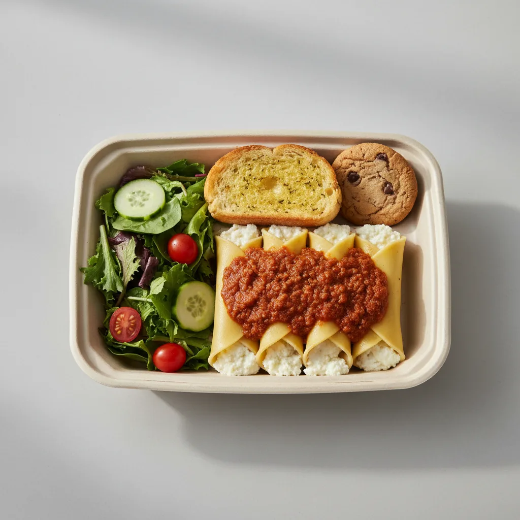 Manicotti With Meat Sauce Boxed Lunch - Garden Salad Manicotti With Meat Sauce Boxed Lunch - Garden Salad
