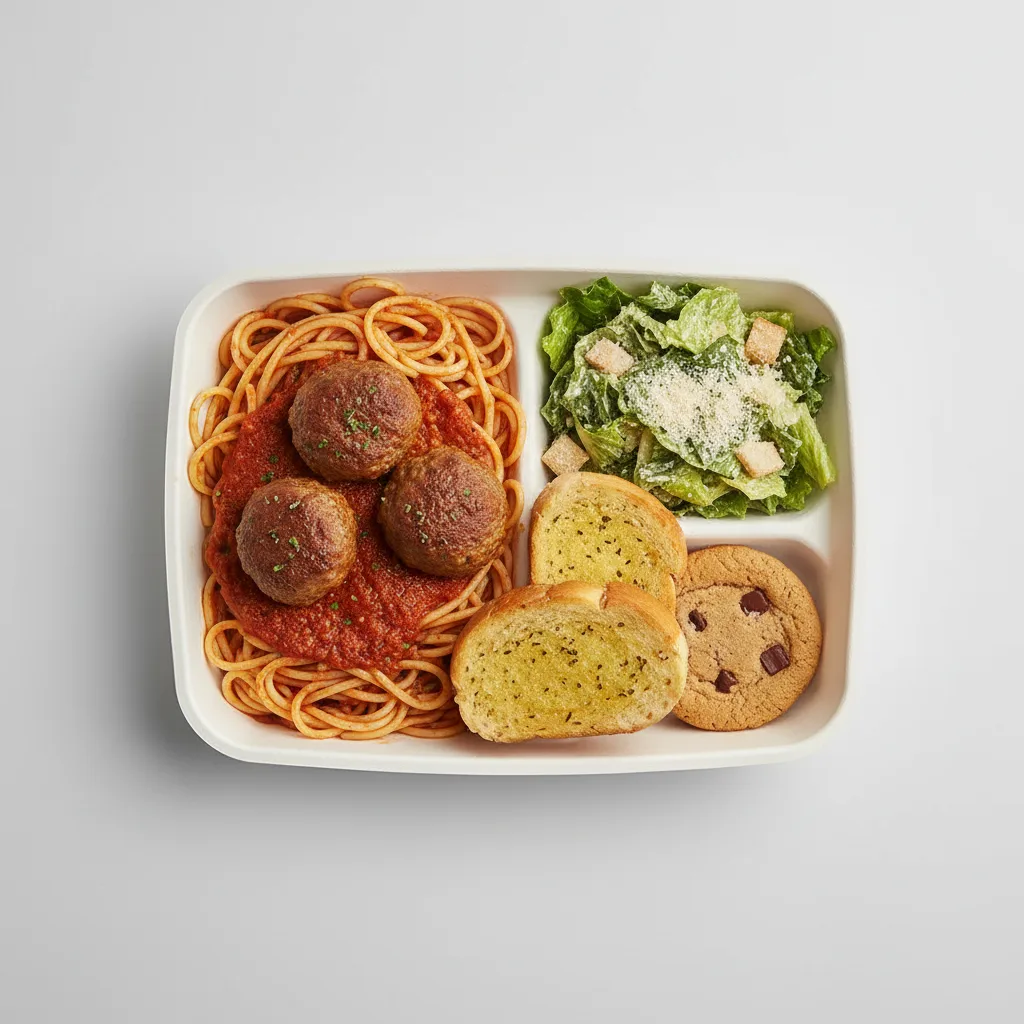 Spaghetti With Meatballs Boxed Lunch - Caesar Salad Spaghetti With Meatballs Boxed Lunch - Caesar Salad