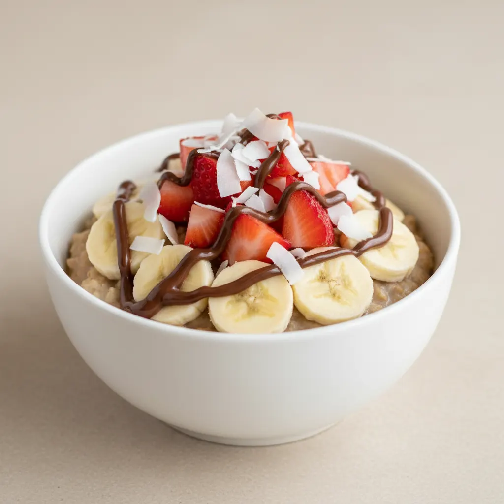 Strawberry, Banana, Coconut Flakes, and Nutella Oatmeal Bowl Strawberry, Banana, Coconut Flakes, and Nutella Oatmeal Bowl