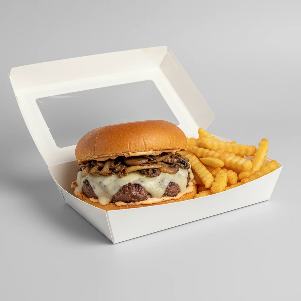 B'igi Mushroom Box - Gluten Free Bun - Fries B'igi Mushroom Box - Gluten Free Bun - Fries