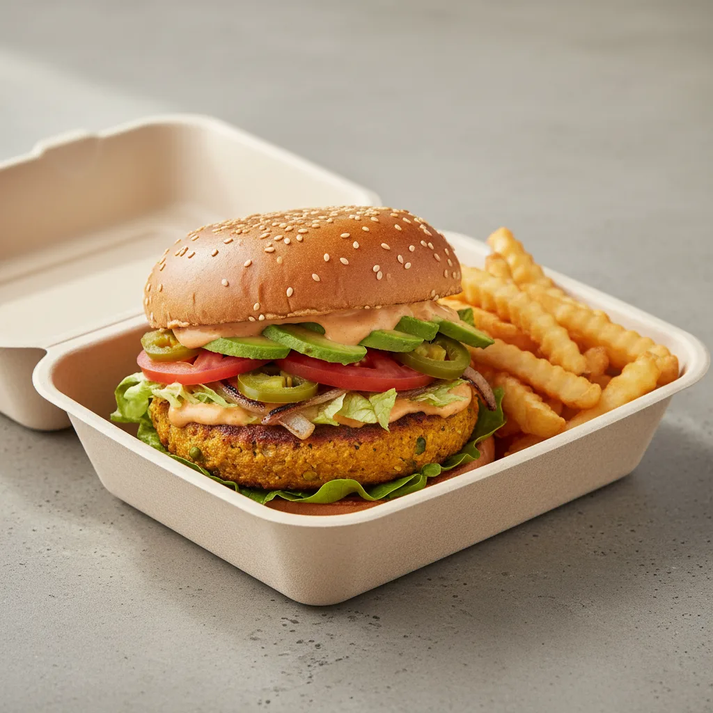 B'igi Spicy Garden Burger Box - Vegan Gluten Free - Fries B'igi Spicy Garden Burger Box - Vegan Gluten Free - Fries
