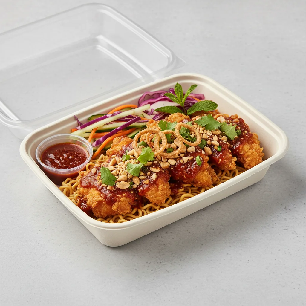 Bowl Boxed Lunch — Crispy Chicken with Noodles and Spicy Sauce